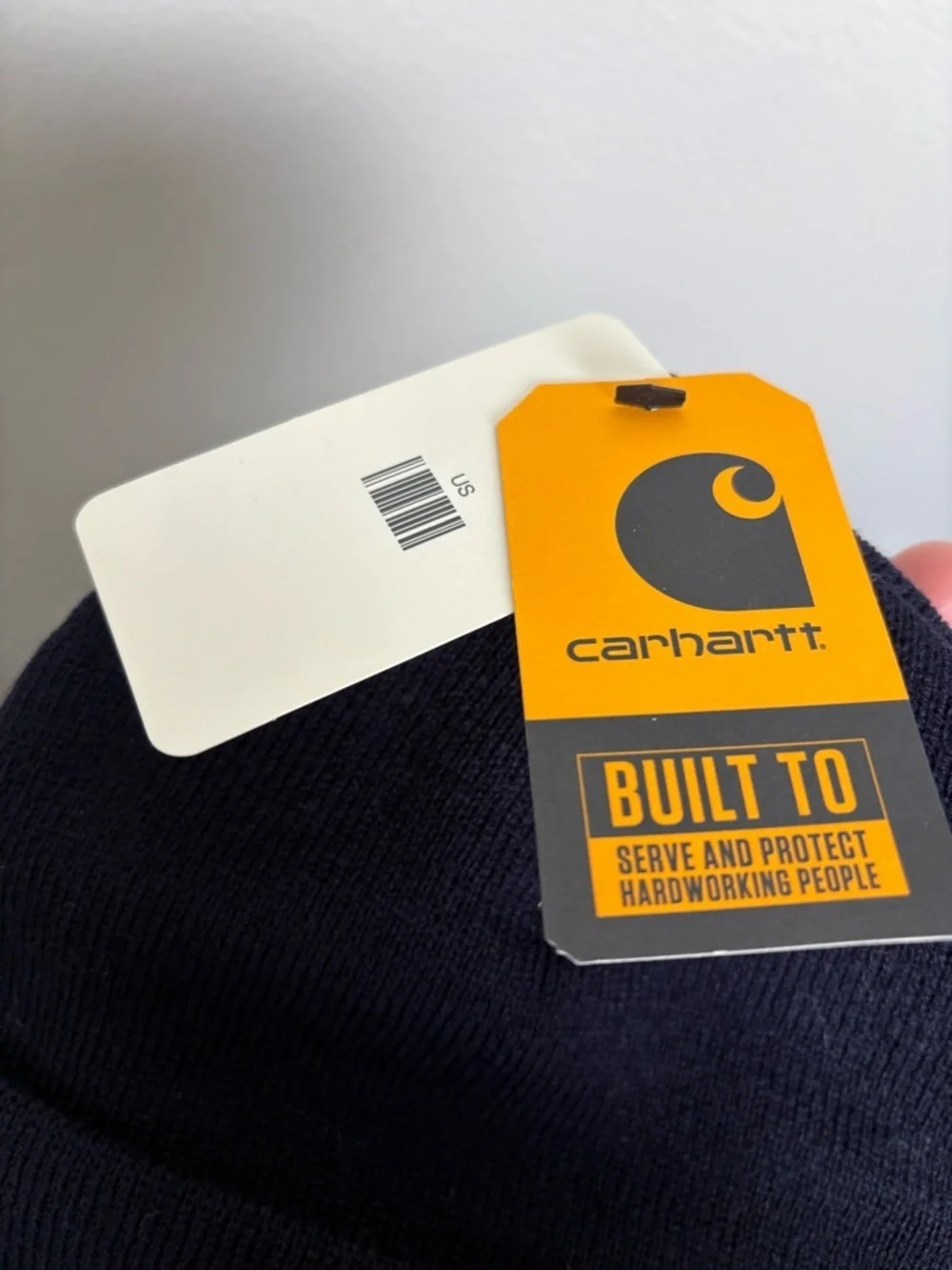 Carhartt Navy Knit Beanie with Orange Logo Tag